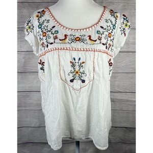 Vintage BILA Embroidered Boho Peasant Blouse White Floral Birds Size M